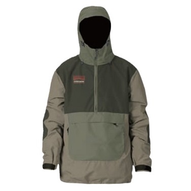 Color-blocked hooded windbreaker jacket with a large front pocket in olive and beige tones.