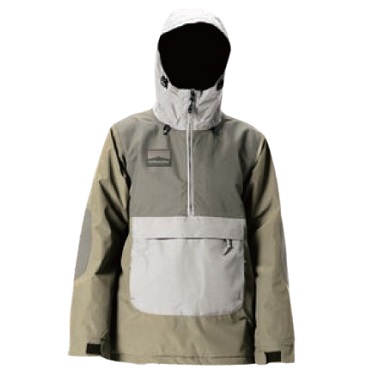 Hooded olive and gray windbreaker with a large front pocket and zip closure on the chest area.