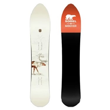 Pair of snowboards standing upright: left white with deer illustration, right orange-to-black gradient with SOREL NIDECKER logo.