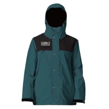 Teal waterproof hooded jacket with black shoulder panels, front snap buttons, and a logo patch on the left chest.