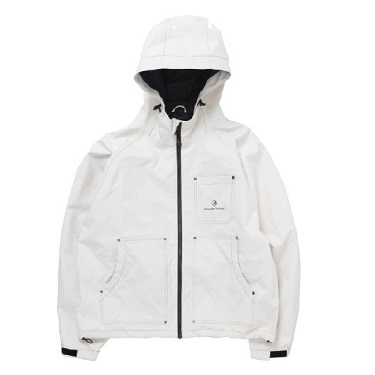 White hooded jacket with front zipper, multiple pockets, and a small logo patch on the chest.