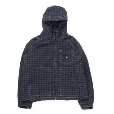 Dark checkered hooded jacket with zip front and multiple pockets, shown from the front).