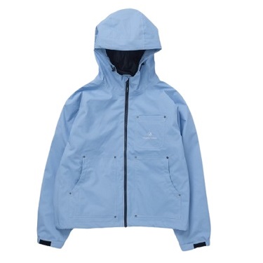 Light blue hooded rain jacket with front zipper, chest pocket, two lower pockets, and small logo on the left chest.