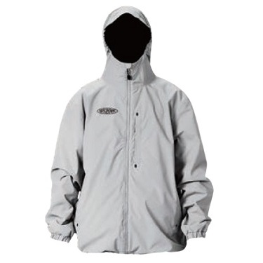 Light gray hooded windbreaker jacket with front zipper, elastic cuffs, and a logo on the left chest.
