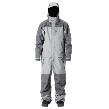 Full-body gray protective coverall with hood, zip front, and boot covers.
