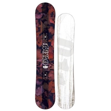 Two snowboards standing upright side by side, left with a dark purple floral pattern and white lettering, right with a white minimalist design.