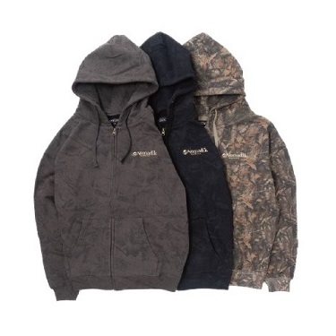 Three hooded sweatshirts in gray, black, and camo, laid flat with drawstrings visible and a logo on the chest.