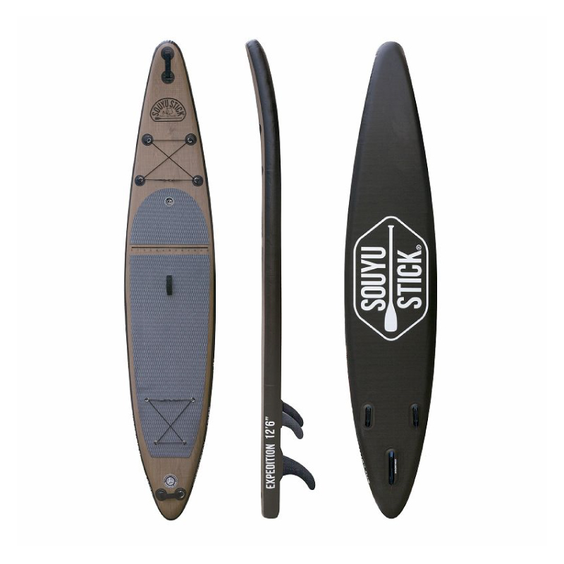 Stand-up paddleboard shown in top, side, and bottom views; deck pad, bungee cords, fins, and branding visible on the board.