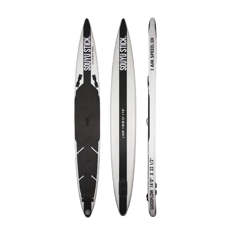 Three views of a Souyu Stick stand-up paddleboard (SUP): top deck with black traction pad, white rails, and branding; bottom and side views showing the same styling and 'I AM SPEED' text on the side.