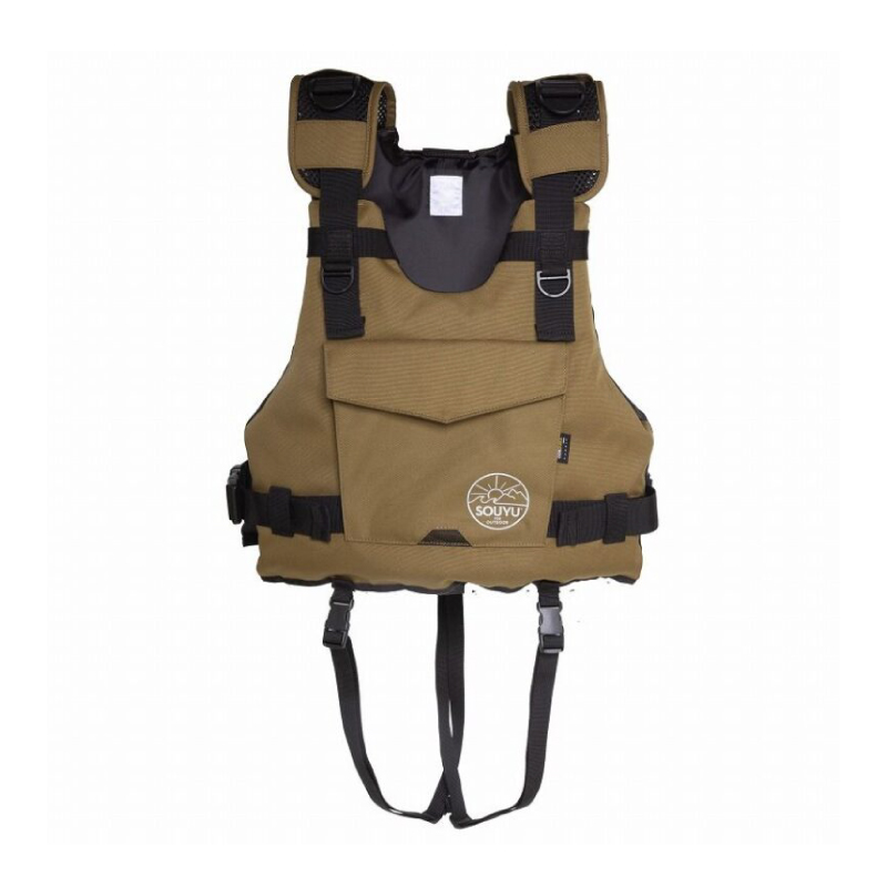 Tan SOYU outdoor life jacket with adjustable shoulder straps, front pocket, and leg straps for secure fit