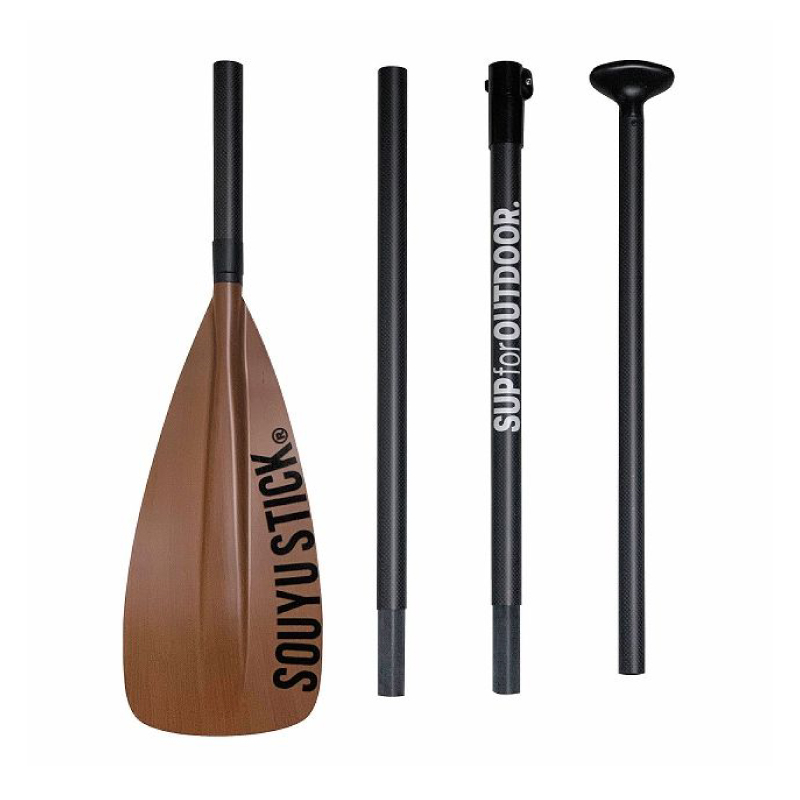Four-piece adjustable paddle for stand-up paddleboarding, with a brown blade on the left and three black segments to the right.",