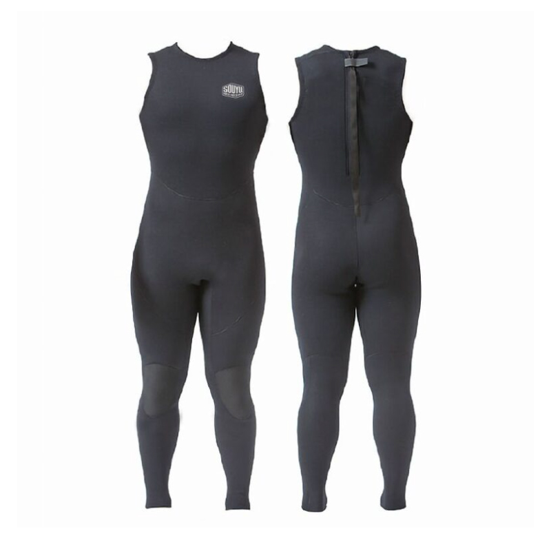 Black full-body wetsuit shown from front and back with a long back zipper detail on the back view and logo on chest (two-view display).