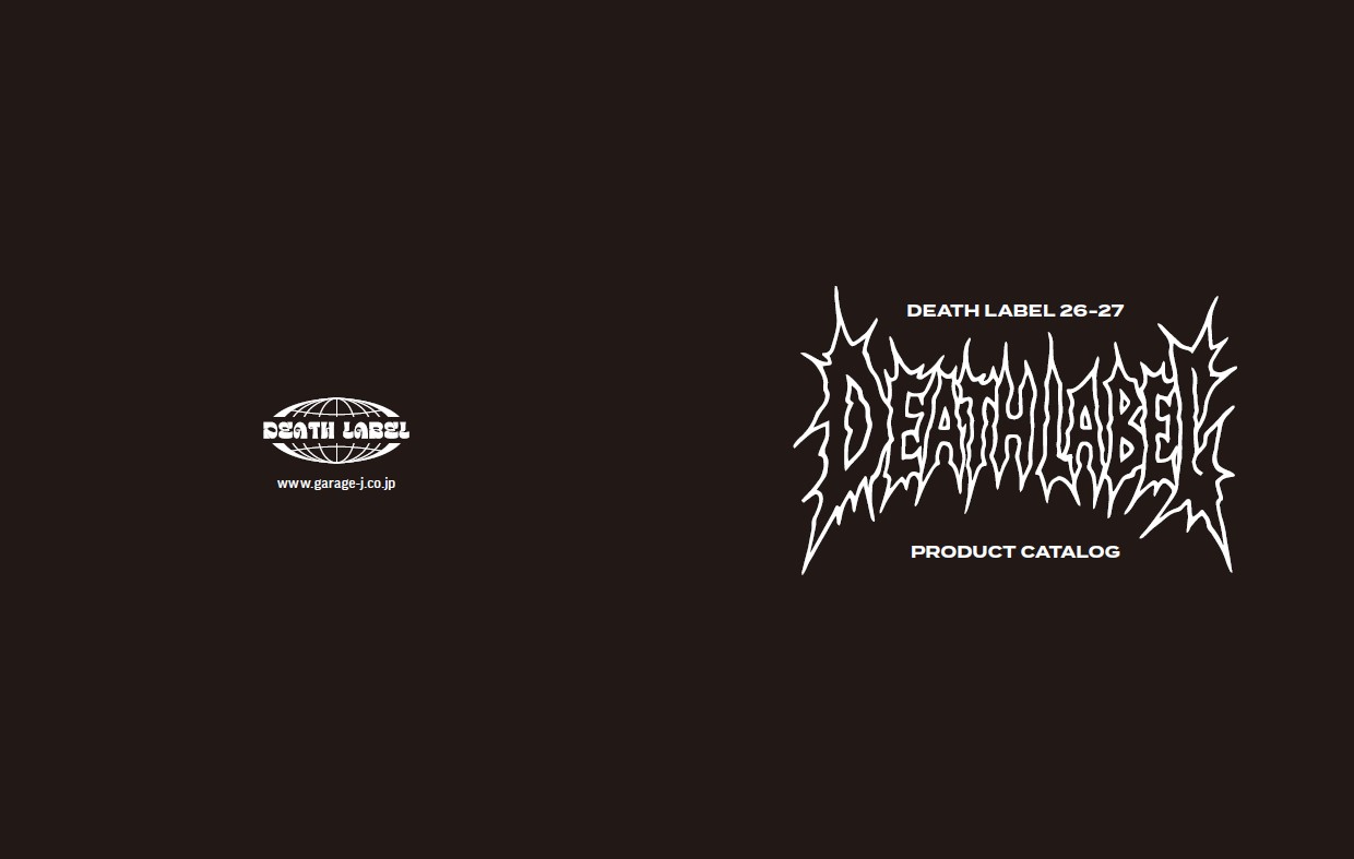 Spread of a Death Label product catalog on a dark background: a small globe logo on the left and a large jagged white logo on the right with the words 'DEATH LABEL 26-27' and 'PRODUCT CATALOG'