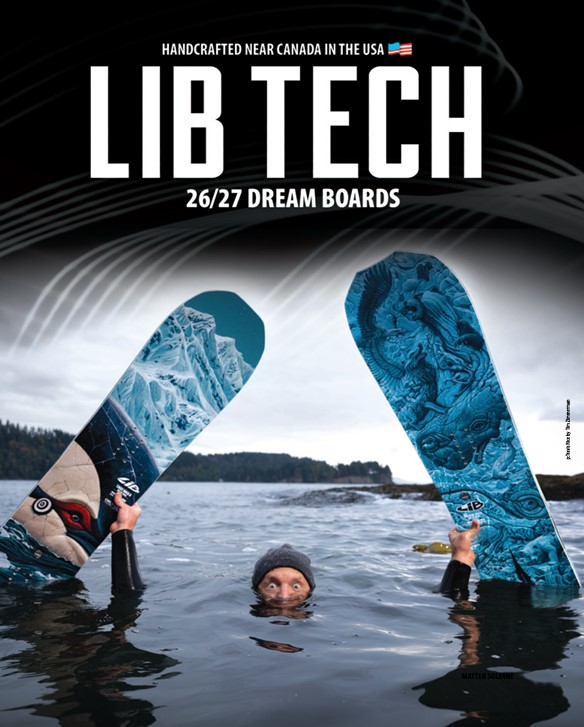 Advertisement image showing two LIB TECH snowboards held upright in a lake, with a swimmer between them and bold LIB TECH branding overhead.