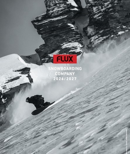 Black-and-white action shot of a snowboarder carving a snowy slope with rocky cliffs in the background; red FLUX logo and 'SNOWBOARDING COMPANY 2026/2027' text overlaid.