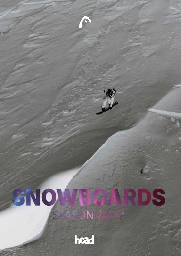 Snowboarder descending a steep snowy slope, viewed from above; cover text 'SNOWBOARDS' in gradient purple and the 'head' logo at the bottom.
