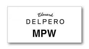 White name badge displaying the name 'Edward Delpero MPW' in black text.