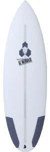 image - SHOP NEWS | ムラサキスポーツオンラインストア 通販 White surfboard with a purple geometric logo along the center, navy tail patches, and a center stringer.