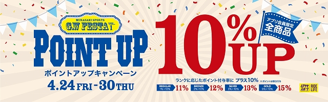 Promotional banner for a POINT UP campaign: large '10% UP' text, blue 'POINT UP' logo, and campaign dates 4.24 FRI–30 THU with confetti background.