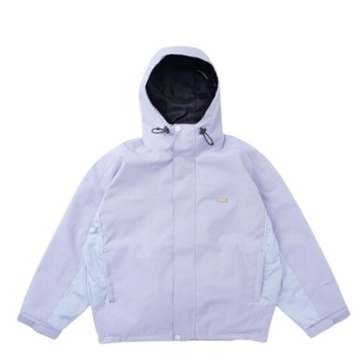 Light lavender hooded jacket with a front zipper, drawstrings at the hood, and two side pockets; small logo on the chest.