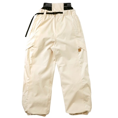 Beige cargo pants with a black belt, multiple pockets, and cuffed ankles nearby the waist.