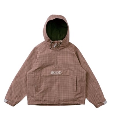 Brown checkered hooded windbreaker with a front chest pocket and drawstring hood