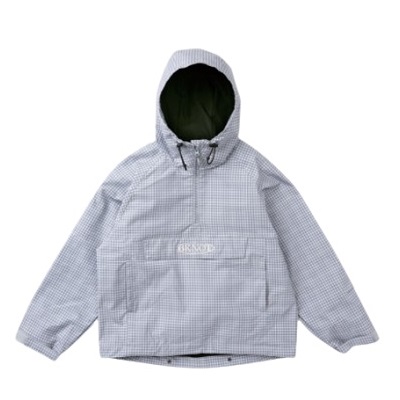 Light gray checkered hooded windbreaker jacket with a front pocket and drawstrings, laid flat on a white background.
