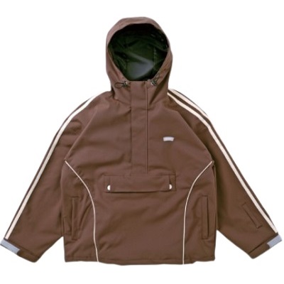 Brown hooded jacket with white piping along sleeves and a front pouch pocket on a white background.