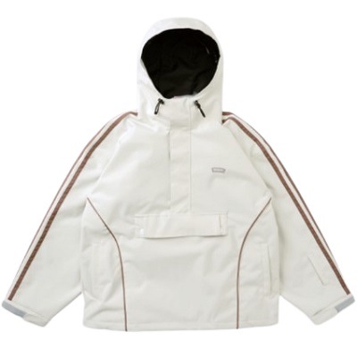 White hooded jacket with brown piping along sleeves and front pocket detailing, shown from the front