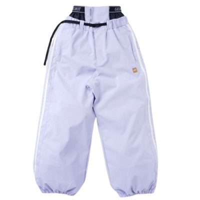 Lavender baggy jogger pants with elastic cuffs, white side stripe, and a black drawstring waistband (windbreaker-style).