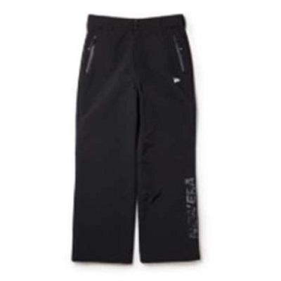 Black athletic pants with an elastic waistband and zippered pockets, shown from the front; vertical text graphic on the lower leg.