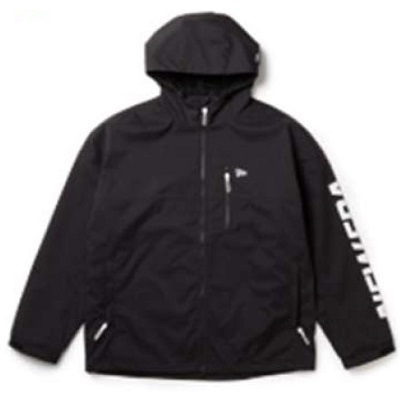 Black hooded windbreaker with front zipper, two zip pockets, a small white logo on the chest, and white text running down the left sleeve.