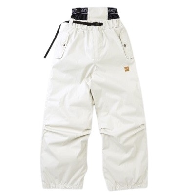 White ski pants with a black belt, side pockets, and elastic cuffs at the ankles for a snug fit.