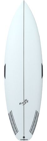 Top-down view of a pale blue surfboard with a central stringer, black fin boxes on each side, and a small RAISE logo near the center.