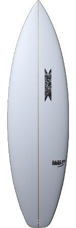 White surfboard viewed from above, showing a central stringer and logos on the upper-right and near the tail.