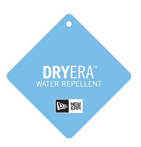 Diamond-shaped black garment tag listing water resistance 10,000 mm, breathability 5,000 g/m²/24h, fully taped seams, dryer safe, and standard fit.