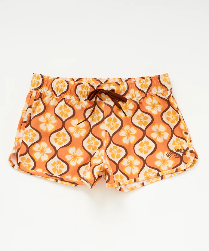 Orange swim shorts with a cream hibiscus flower pattern and a brown drawstring at the waist.