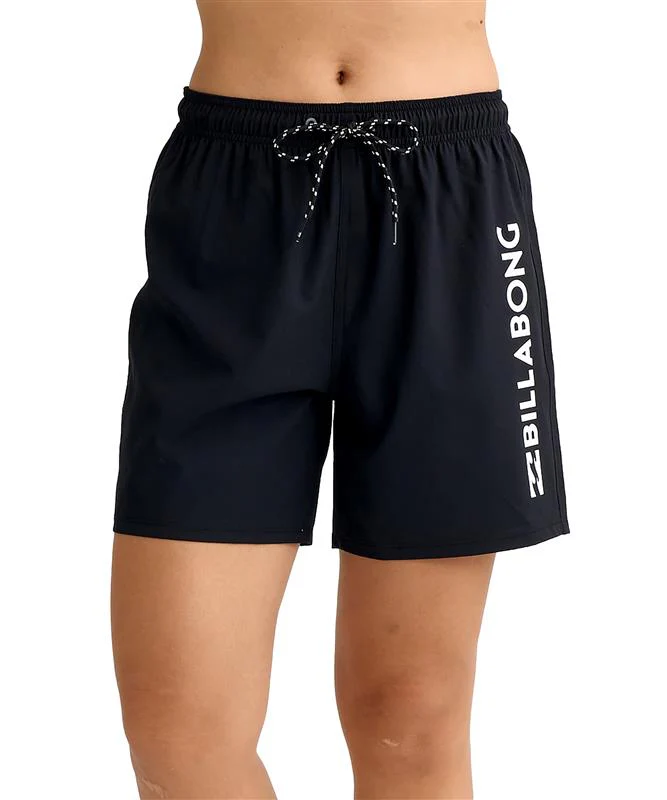 Black Billabong swim shorts with a white drawstring and a vertical Billabong logo along the right leg.