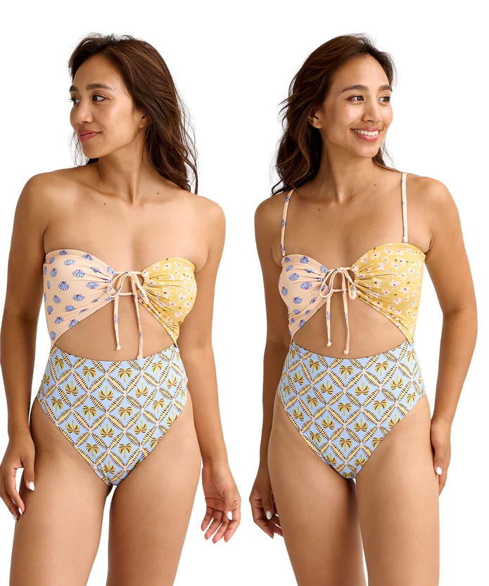 Two women model a two-tone, high-waisted bikini with bow-tied tops: left strapless, right with shoulder straps.