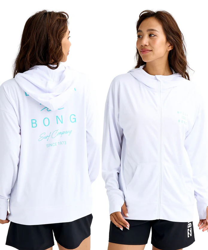 Two women model white hoodies—the left back view shows turquoise 'BONG Surf Company' logo; the right shows a front view with zip and pockets, both wearing black shorts.