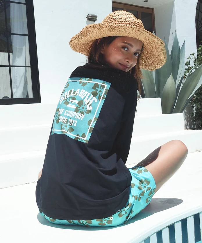 Woman wearing a straw hat, black T‑shirt with turquoise floral print on the back, and turquoise floral shorts, sitting on white outdoor steps.