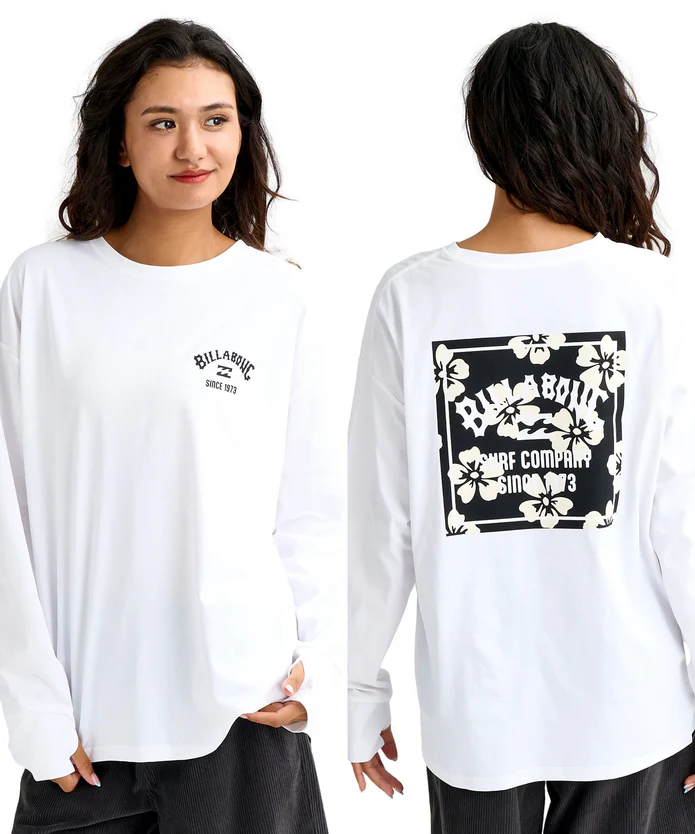 Front and back view of a woman wearing a white long-sleeve shirt; small chest logo and large floral back graphic.