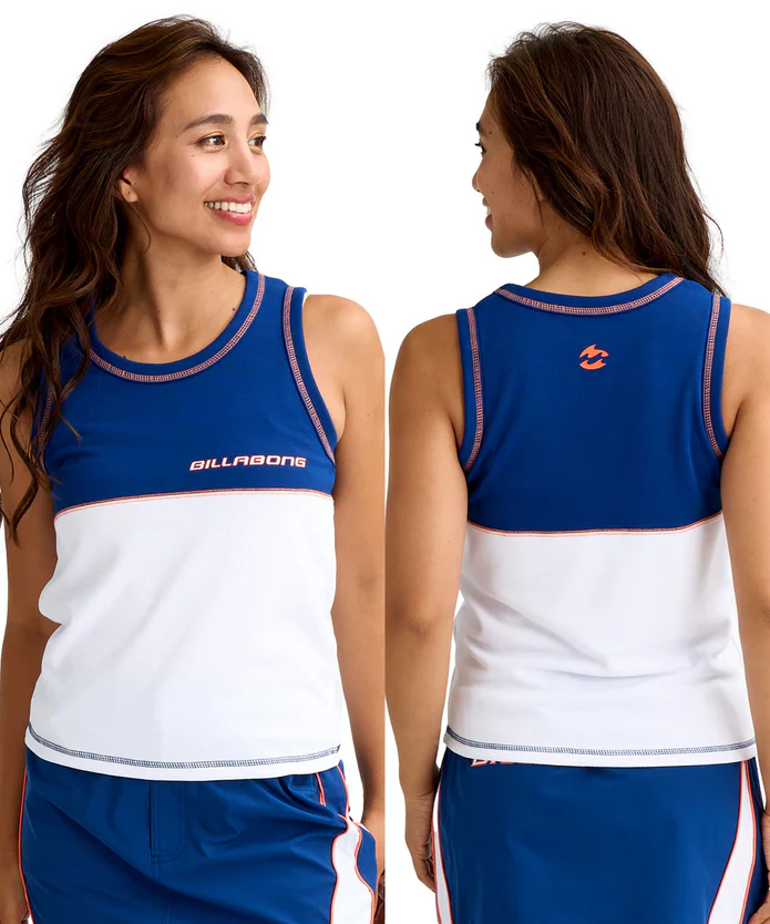 Woman wearing a blue and white Billabong sleeveless athletic top with orange trim, shown from the front and back.