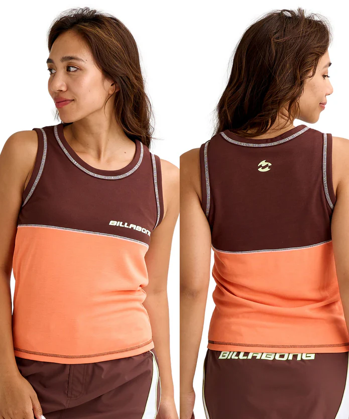 Front and back view of a woman wearing a two-tone maroon and peach Billabong athletic tank top; logos visible on chest and back.