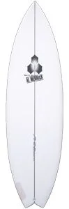 White surfboard shown vertically with a centered stringer and a small black-and-white logo decal in the middle.