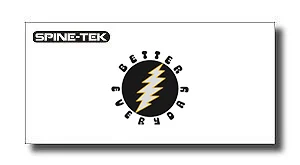 Brand collage: Spine-Tek logo top-left and a circular emblem with a yellow lightning bolt on white background.