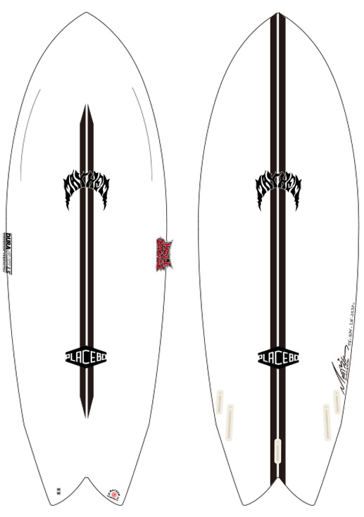 PSYCO FISH OL - SHOP NEWS | ムラサキスポーツオンラインストア 通販 Pair of white surfboards featuring a bold black vertical sword graphic running down the center; left board shows a small Placebo logo near the tail, right board has signatures along the edge and multiple attachment slots.