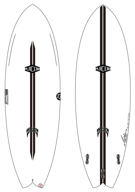 RNF96 WIDE OL - SHOP NEWS | ムラサキスポーツオンラインストア 通販 Pair of white surfboards with a vertical dark brown center stripe and Placebo logo near the middle, shown side by side (front and back views).