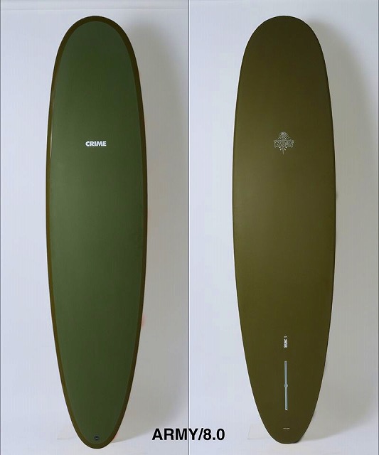 a-FqZxAHFw - SHOP NEWS | ムラサキスポーツオンラインストア 通販 Two olive-green longboards shown side by side (front and back): left board has a white 'CRIME' logo, right board has a small tree emblem and 'ARMY 8.0' text at the bottom.