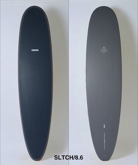 a-GTZAvRow - SHOP NEWS | ムラサキスポーツオンラインストア 通販 Dark matte longboard deck shown from top (left) with a small white 'CRIME' logo; model SLTCH/8.6 appears at bottom edge, pictured with its bottom side (right) featuring a small tree emblem.